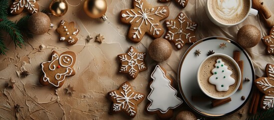 Aufkleber - A delectable holiday scene featuring gingerbread cookies coffee and festive decorations on a table with room for text ideal for a Christmas gathering or New Year s celebration. Creative banner