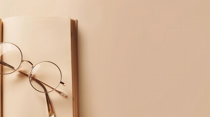 Aufkleber - Round eyeglasses rest on the edge of an open book against a tan background. Generative AI