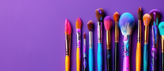 Poster - A colorful arrangement of kids paint brushes set against a vibrant purple backdrop perfect for a copy space image