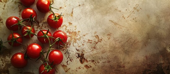 Poster - Cherry tomatoes arranged on a textured background of a kitchen table showcasing fresh organic produce with copy space for image