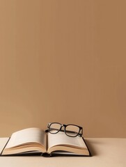 Aufkleber - A book lies open on a table, with a pair of black glasses resting on the pages. The background is a solid brown color. Generative AI