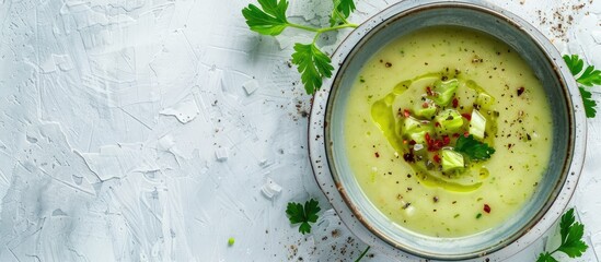 Aufkleber - Cabbage soup in a bowl on a white stone surface with copy space image for a top down view showcasing its presentation