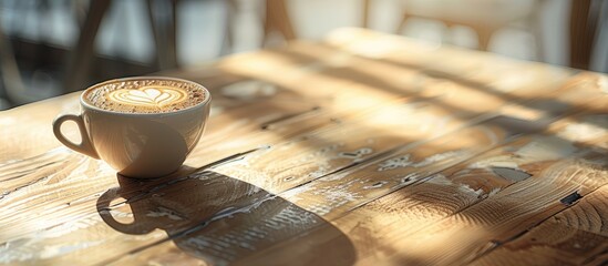 Fototapete - Cappuccino on wooden table showcasing latte art Background provides copy space image
