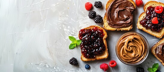 Poster - Copy space image featuring chocolate butter peanut butter and berry jam topped toasts on a gray textured background