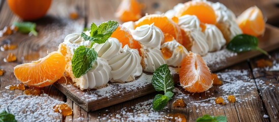 Poster - Close up of a delicious meringue roll topped with jam tangerine slices and mint leaves on a rustic wooden surface ideal for a copy space image