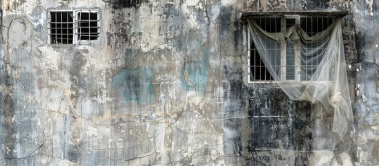 Poster - Authentic shot of a weathered grunge roadside concrete apartment wall in Bangkok with windows and mosquito net covering capturing a typical urban downtown scene Image includes copy space