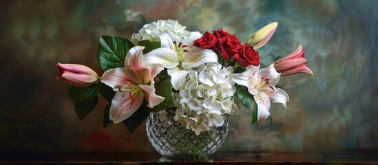 Poster - A bouquet of lily rose and hydrangea flowers beautifully arranged with a crystal vase in the backdrop creating a serene composition with copy space image