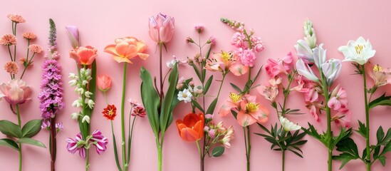 Poster - A flat lay arrangement of assorted lovely flowers on a pink backdrop with room for text in the copy space image