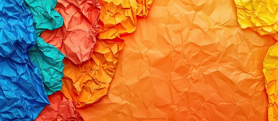 Fototapete - Colorful crumpled paper on an orange backdrop with copy space image Shot up close