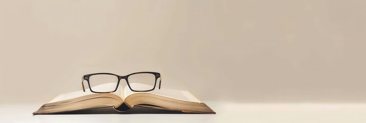 Fototapete - A book is opened on a white surface with a pair of eyeglasses resting on the pages. Generative AI