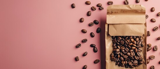 Aufkleber - Coffee branding concept with a blank craft bag featuring beans for logo brand label on a package mockup template in a top view flat lay copy space image