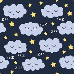 Poster - sleeping seamless pattern, clouds are sleeping against the background of the night sky with sparkling stars