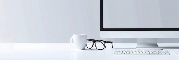 Fototapete - A white coffee mug, black eyeglasses, and a white computer keyboard sit on a white desk with a white computer monitor behind them. Generative AI