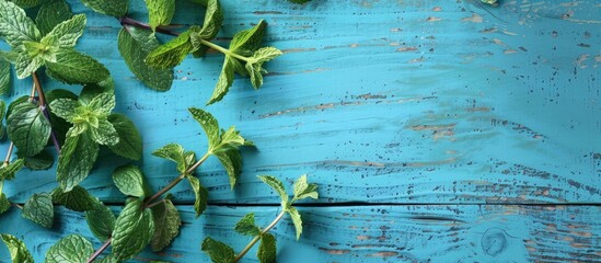 Aufkleber - Close up view of vibrant wild mint leaves and branches on a blue wooden table background with copy space image