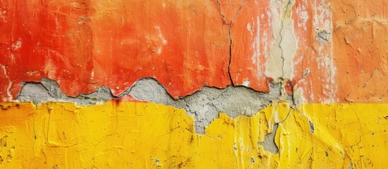 Poster - Aged rough concrete wall painted in vibrant orange and yellow hues with a weathered appearance and a colorful plaster design suitable for a copy space image