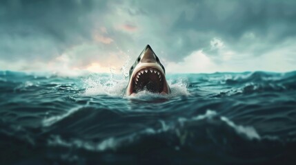 A shark is swimming in the ocean with its mouth wide open. Concept of danger and excitement, as the shark is a powerful and fearsome predator. The water is choppy, adding to the feeling of movement