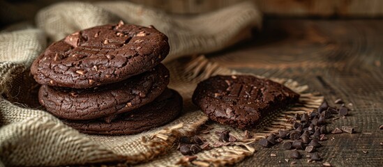 Poster - Chocolate cookies displayed on a wooden table against a textile background with space for additional images