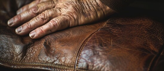 Aufkleber - Close up image of a man s hand examining a rich dark brown full grain leather with visible copy space in the background