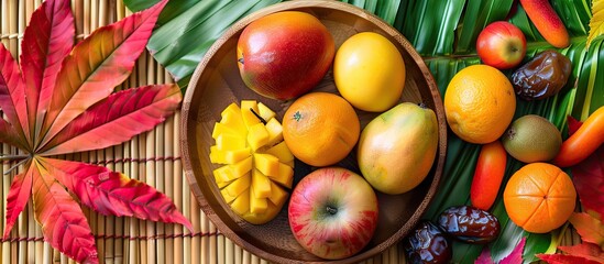Poster - A collection of fresh organic fruits like mangoes apples oranges and dates displayed on a wooden plate with red and yellow maple leaves on a bamboo table Healthy food set in an autumn themed scene wi