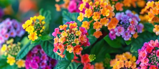 Poster - Close up photo of colorful lantana flowers a flowering shrub verbena in the garden provides a vibrant copy space image