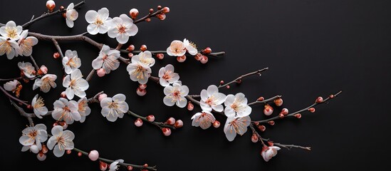 Fototapete - Top view of apricot blossom against black backdrop ideal as a spring banner with copy space image