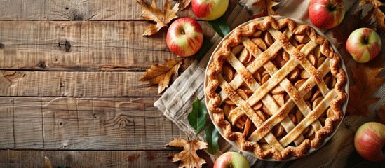 Poster - A delicious homemade apple pie on a rustic wooden table with a cozy atmosphere and evocative copy space image