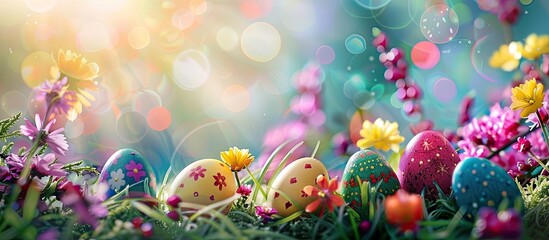 Fototapete - Decorating for Easter with colorful eggs and joyful holiday hunt celebrations perfect for a cheerful Easter Sunday with a festive vibe and a welcoming atmosphere. Creative banner. Copyspace image