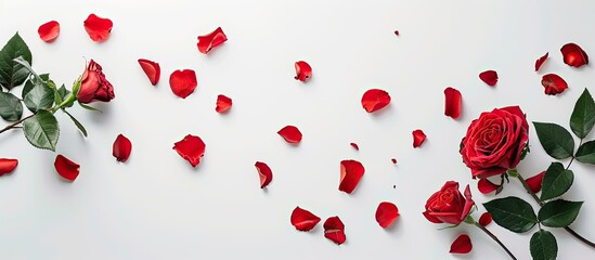 Poster - Beautiful red rose with leaves and petals on a white background providing copy space image for text Top view and flat lay arrangement