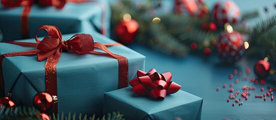 Poster - Christmas presents wrapped in blue craft paper with ribbon Christmas balls and a festive copy space image