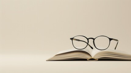 Fototapete - A book is open on a beige surface, with a pair of glasses laying on top of it. Generative AI