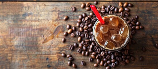 Aufkleber - Cold summer drink with a red straw on a wooden table coffee beans in the backdrop above view with detailed flat lay showcasing the copy space image