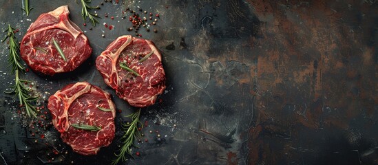 Poster - Directly above view of three marbled raw ribeye steaks with spices on a stone table background providing a copy space image