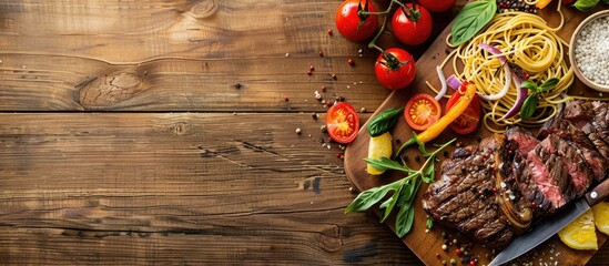 Poster - A delectable plate featuring marbled beef steak fresh veggies and Italian spaghetti on a roasting board over a wooden backdrop for menu designs with copy space image