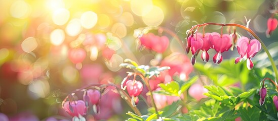Poster - Close up of Fringed Bleeding Heart flowers Dicentra eximia in a sunny garden with selective focus and copy space image
