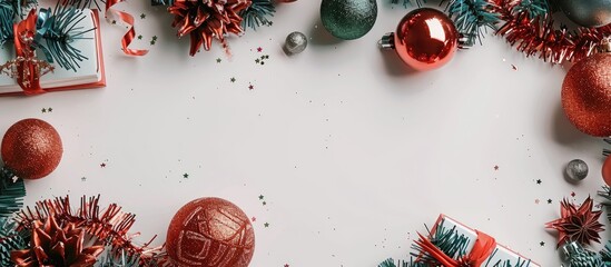 Poster - Christmas and New Year concept depicted in a decorative frame on a white background with greeting cards made from tinsel and Christmas balls featuring a top view in a flat lay style with copy space im