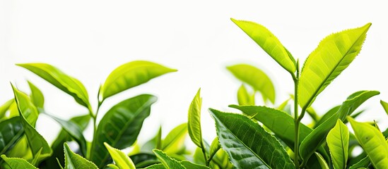 Aufkleber - A close up of fresh green tea leaves shot against a white background from an organic tea plantation providing a food concept with a clipping path and space for additional image elements