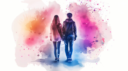 silhouettes of young couple in hoodies walking together and holding hands; concept of first love, passion, infatuation; watercolor painting art