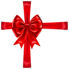 Wall Mural - Beautiful large red shiny bow with crosswise ribbons and soft shadow on white background.