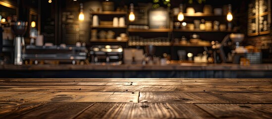 Aufkleber - Coffee shop background with bokeh showcasing an empty brown wooden table ideal for product display as it features copy space image for advertisements