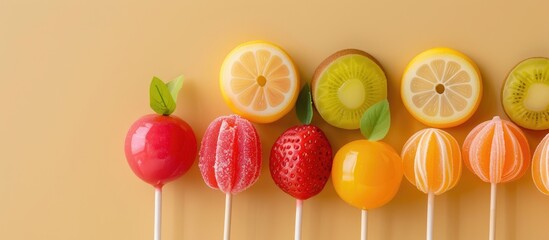 Poster - Colorful fruit shaped candy lollipops create an attractive display in a copy space image