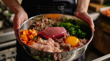 Woman holding stainless steel dog bowl. Raw meat, carrots, broccoli, raw egg yolk on top. Healthy raw food for dog. Generative ai.