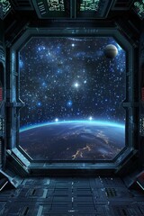 Wall Mural - space station window. a frame of futuristic metal and glass, with blinking lights and control panels