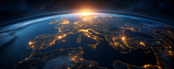 map of the europe continent with glowing lights in yellow and orange, representing bustling city act