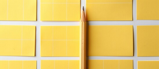 Poster - An array of blank yellow notepads showcased with a wooden pencil against a white background for a copy space image
