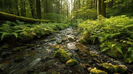 Wall Mural - serene woodland scene babbling brook winding through lush forest sunlight filters through canopy creating dappled patterns on mosscovered rocks and ferns