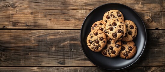 Poster - A black plate with chocolate chip cookies on a wooden background seen from above with a clear area for additional images on the side