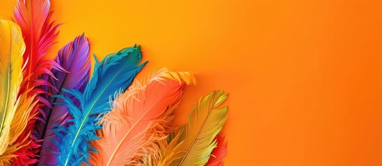 Fototapete - Colorful feathers displayed on a vibrant orange backdrop create an eye catching poster for the carnival with copy space image
