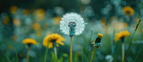 Fototapete - Close up copy space image of a dandelion with seeds in a garden
