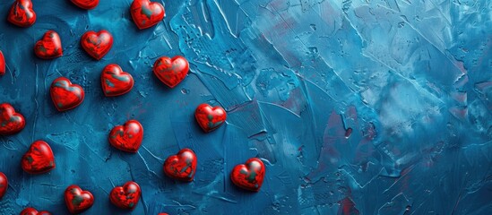 Aufkleber - Aerial perspective of numerous red hearts against a blue backdrop in a photograph with empty space for text known as a copy space image