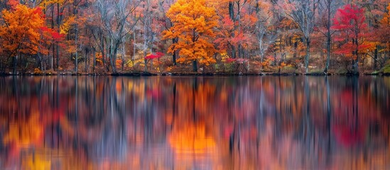 Poster - Autumn colored trees reflecting in water in a photograph with a serene copy space image